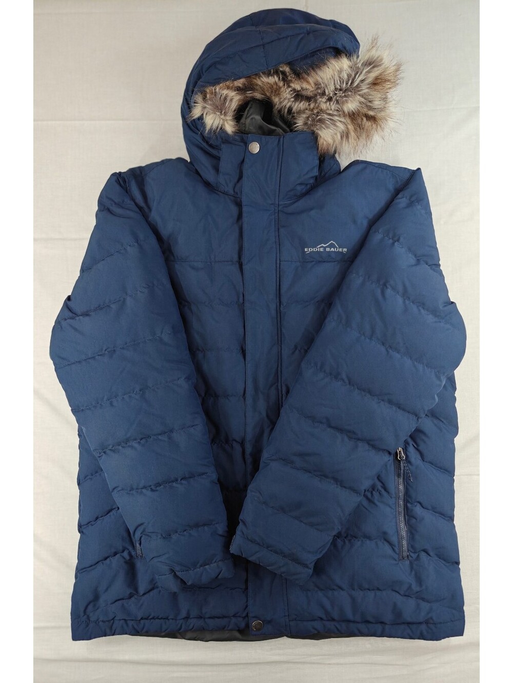 Eddie Bauer Women’s Large Navy Blue Down Puffer Parka Faux Fur Hood Winter Coat